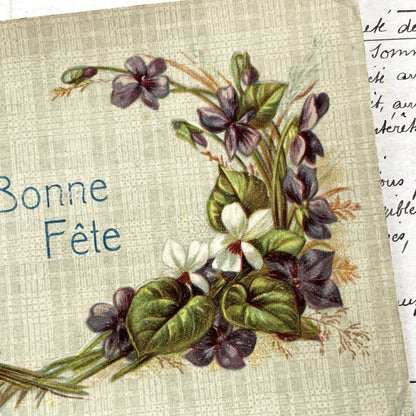 1910s - Antique French Bonne Fete Postcard - Violet Floral Wreath - Vintage Ephemera - Collectible Art Print - Botanical