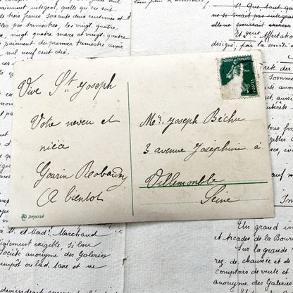 1910s - Antique French Bonne Fete Postcard - Violet Floral Wreath - Vintage Ephemera - Collectible Art Print - Botanical