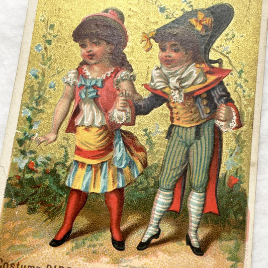 Late 19th - Vintage French Trade Card - Gilded Chromo - Directoire Costumes - Advertising Maison Bunel Auxerre Department Store
