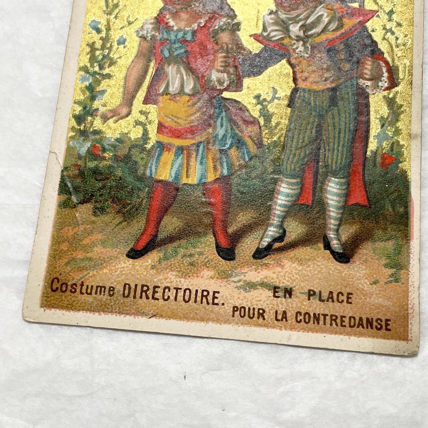Late 19th - Vintage French Trade Card - Gilded Chromo - Directoire Costumes - Advertising Maison Bunel Auxerre Department Store