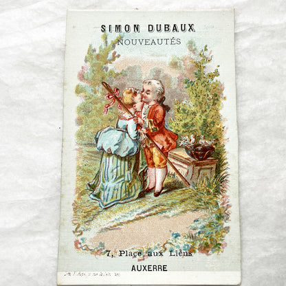 Late 19th - Vintage French Advertising Card - Simon Dubaux Novelties - Rococo Style Kissing Children - Auxerre Business Ephemera Collectible