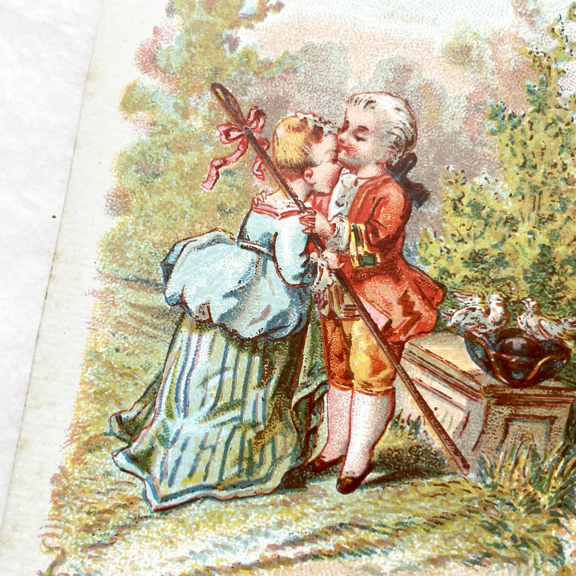 Late 19th - Vintage French Advertising Card - Simon Dubaux Novelties - Rococo Style Kissing Children - Auxerre Business Ephemera Collectible