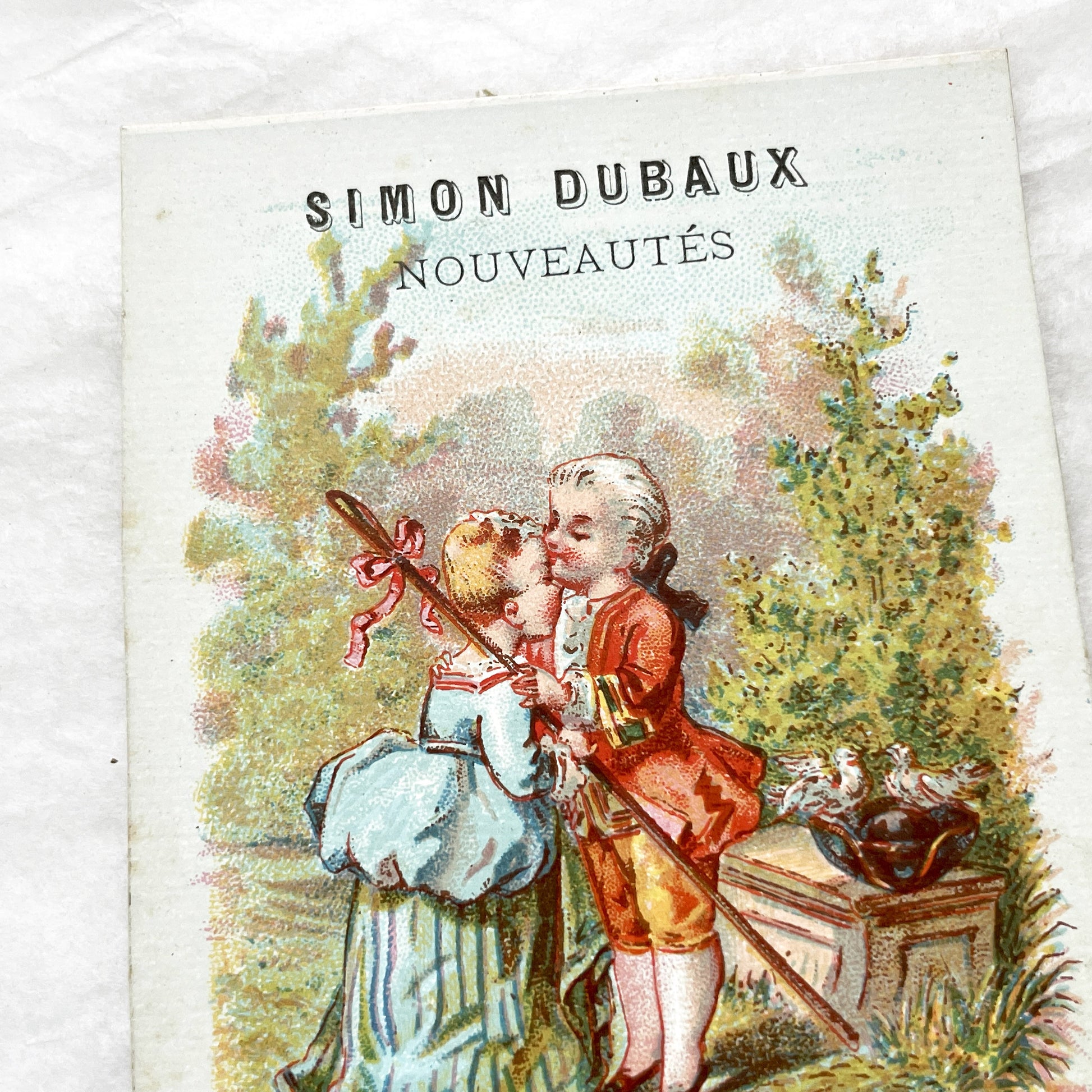 Late 19th - Vintage French Advertising Card - Simon Dubaux Novelties - Rococo Style Kissing Children - Auxerre Business Ephemera Collectible