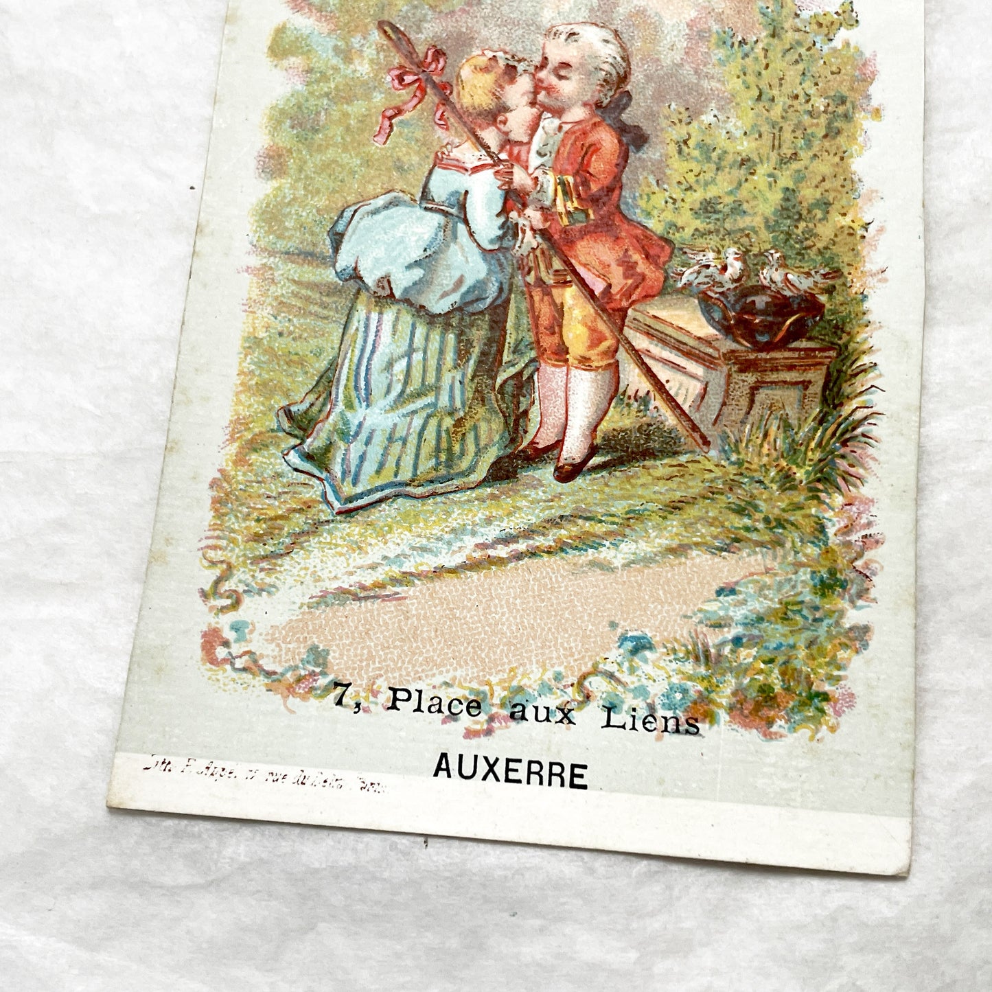 Late 19th - Vintage French Advertising Card - Simon Dubaux Novelties - Rococo Style Kissing Children - Auxerre Business Ephemera Collectible