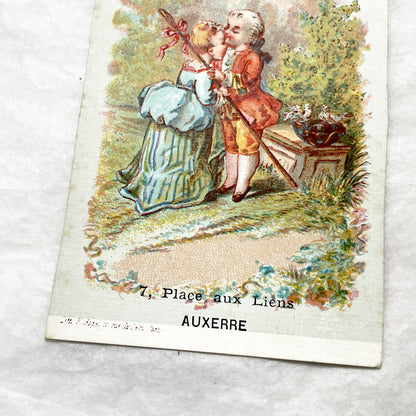 Late 19th - Vintage French Advertising Card - Simon Dubaux Novelties - Rococo Style Kissing Children - Auxerre Business Ephemera Collectible