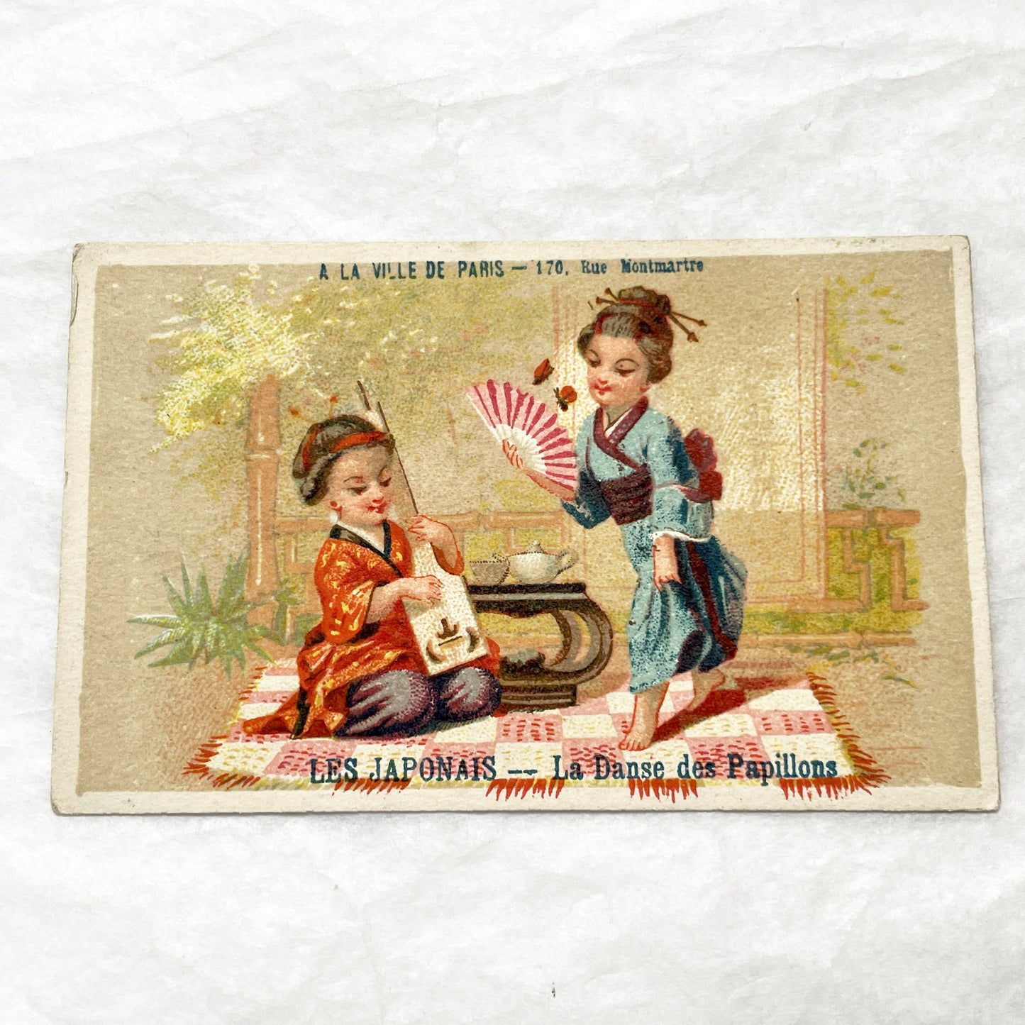 Late 19th - Vintage French Chromo Card - Japanese Children - Butterfly Dance - Advertising - Paris Department Store Ephemera