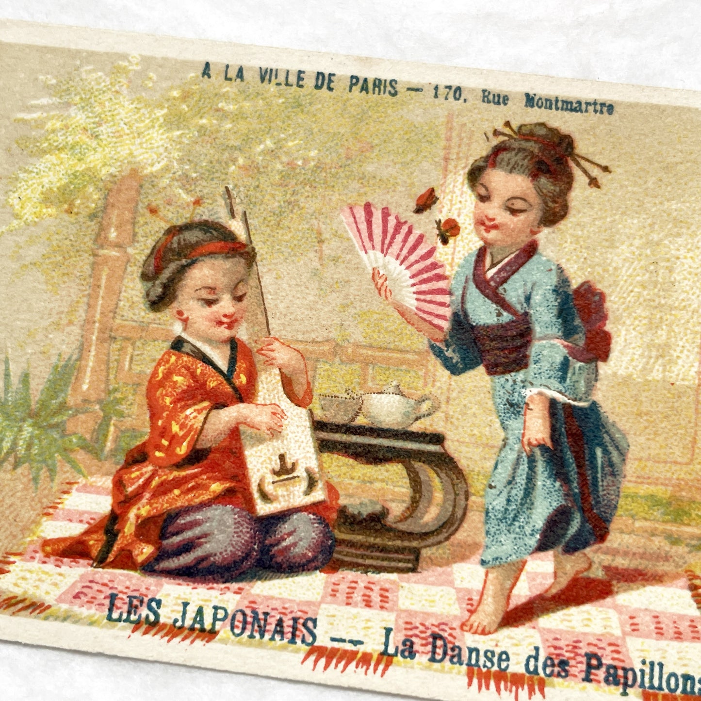 Late 19th - Vintage French Chromo Card - Japanese Children - Butterfly Dance - Advertising - Paris Department Store Ephemera