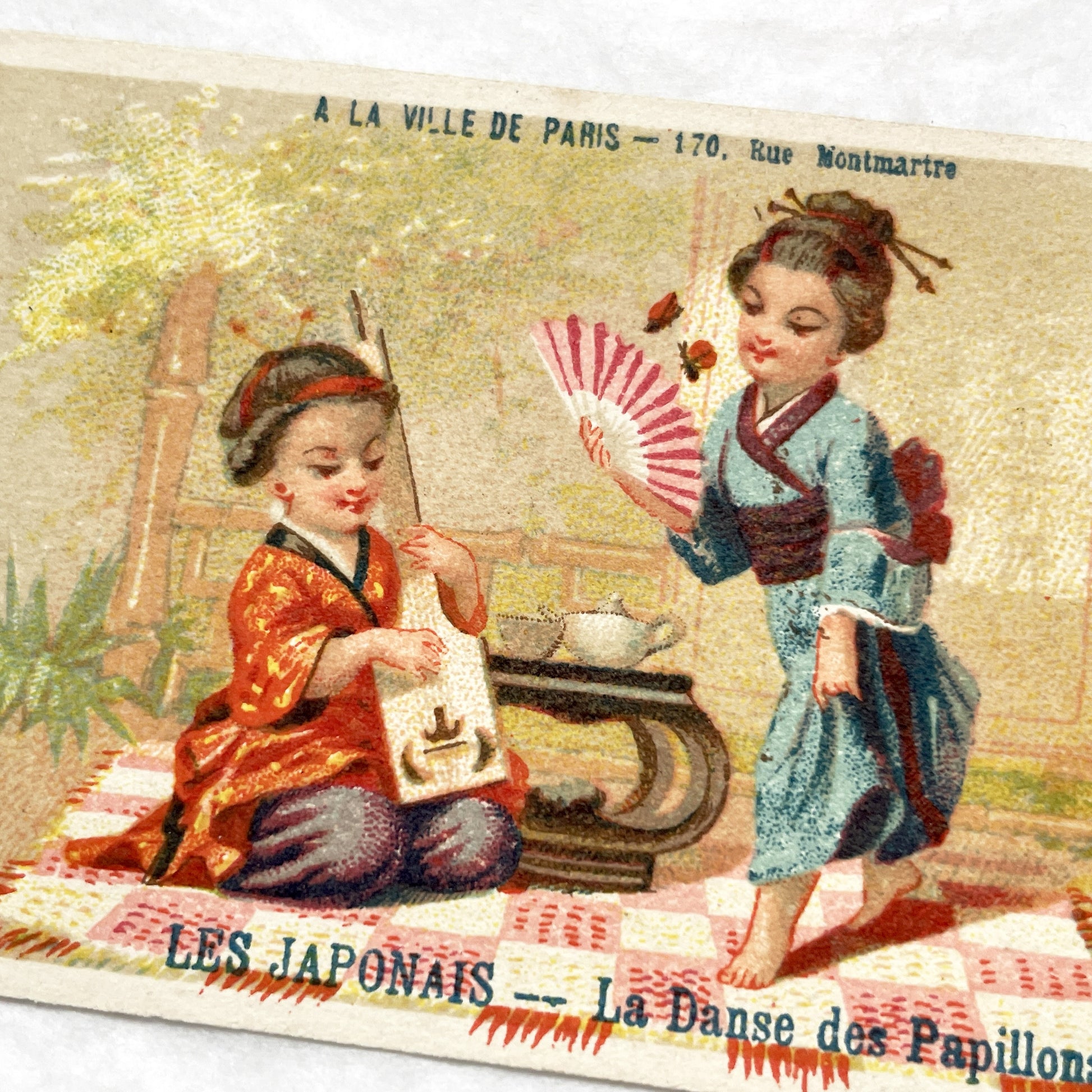 Late 19th - Vintage French Chromo Card - Japanese Children - Butterfly Dance - Advertising - Paris Department Store Ephemera