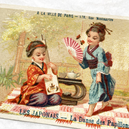 Late 19th - Vintage French Chromo Card - Japanese Children - Butterfly Dance - Advertising - Paris Department Store Ephemera