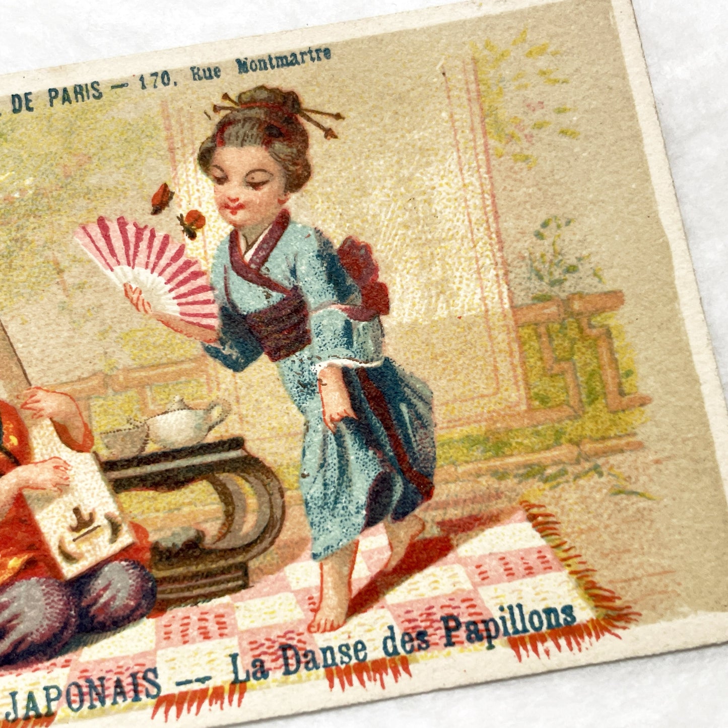 Late 19th - Vintage French Chromo Card - Japanese Children - Butterfly Dance - Advertising - Paris Department Store Ephemera