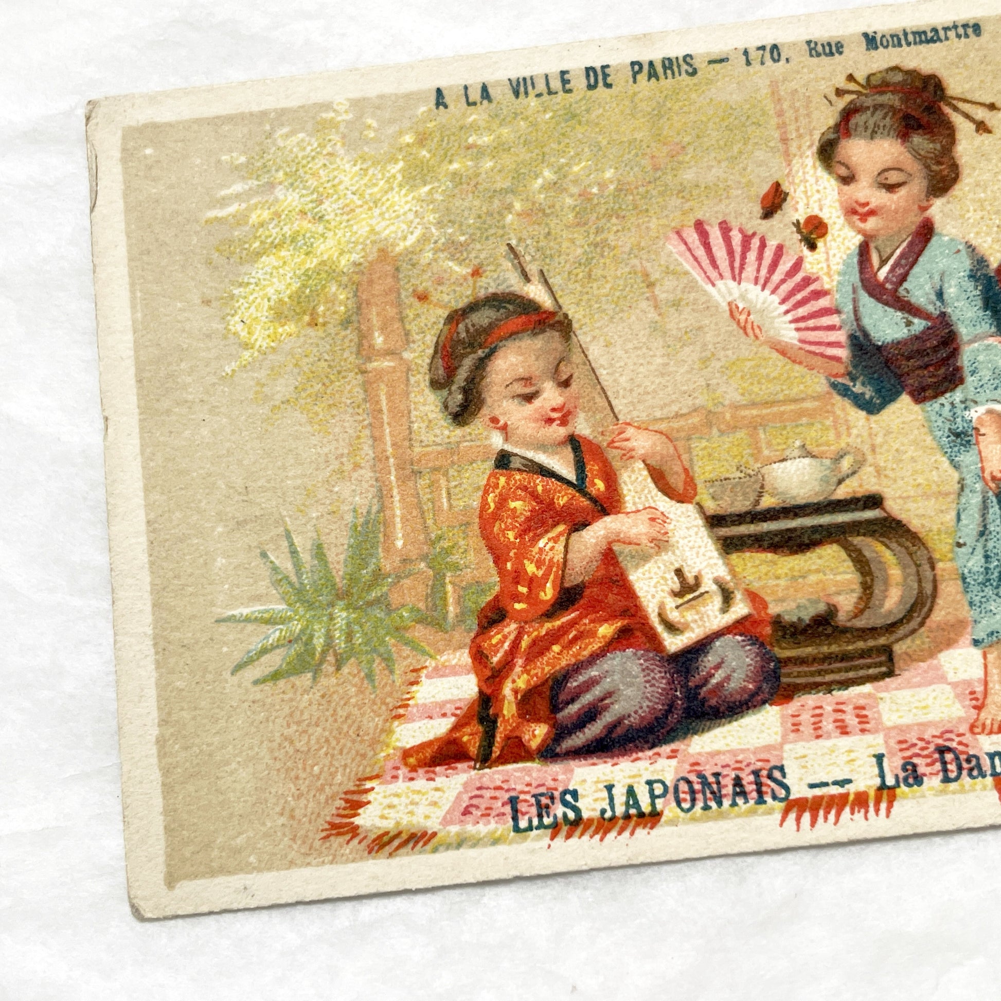 Late 19th - Vintage French Chromo Card - Japanese Children - Butterfly Dance - Advertising - Paris Department Store Ephemera