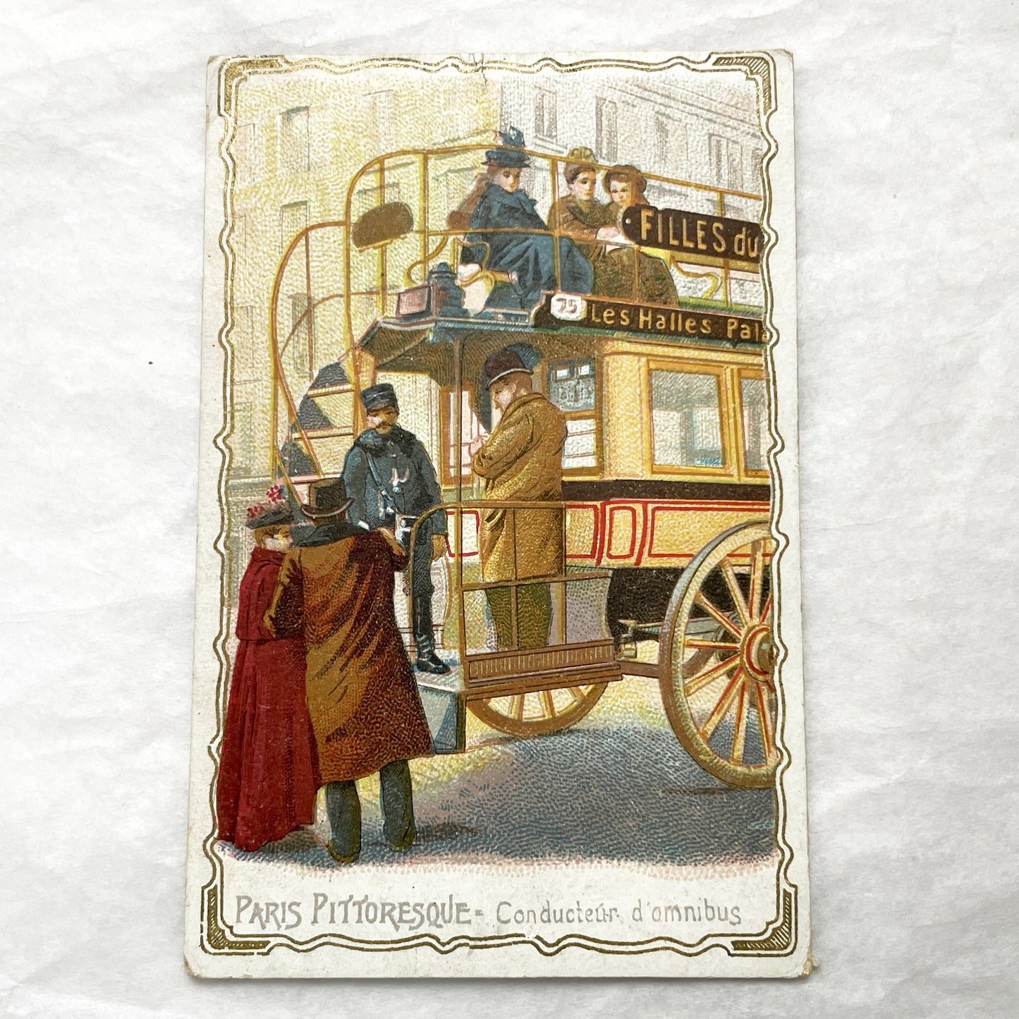 Late 19th - Vintage French Postcard - Parisian Omnibus Driver Chromo - Belle Époque City Transport Scene - Collectible Advertising Ephemera