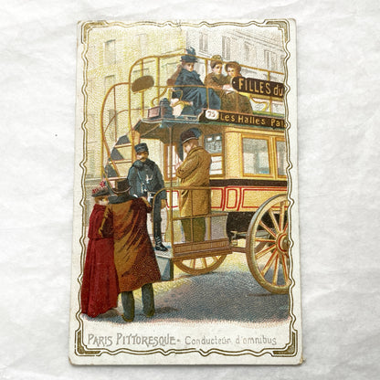 Late 19th - Vintage French Postcard - Parisian Omnibus Driver Chromo - Belle Époque City Transport Scene - Collectible Advertising Ephemera