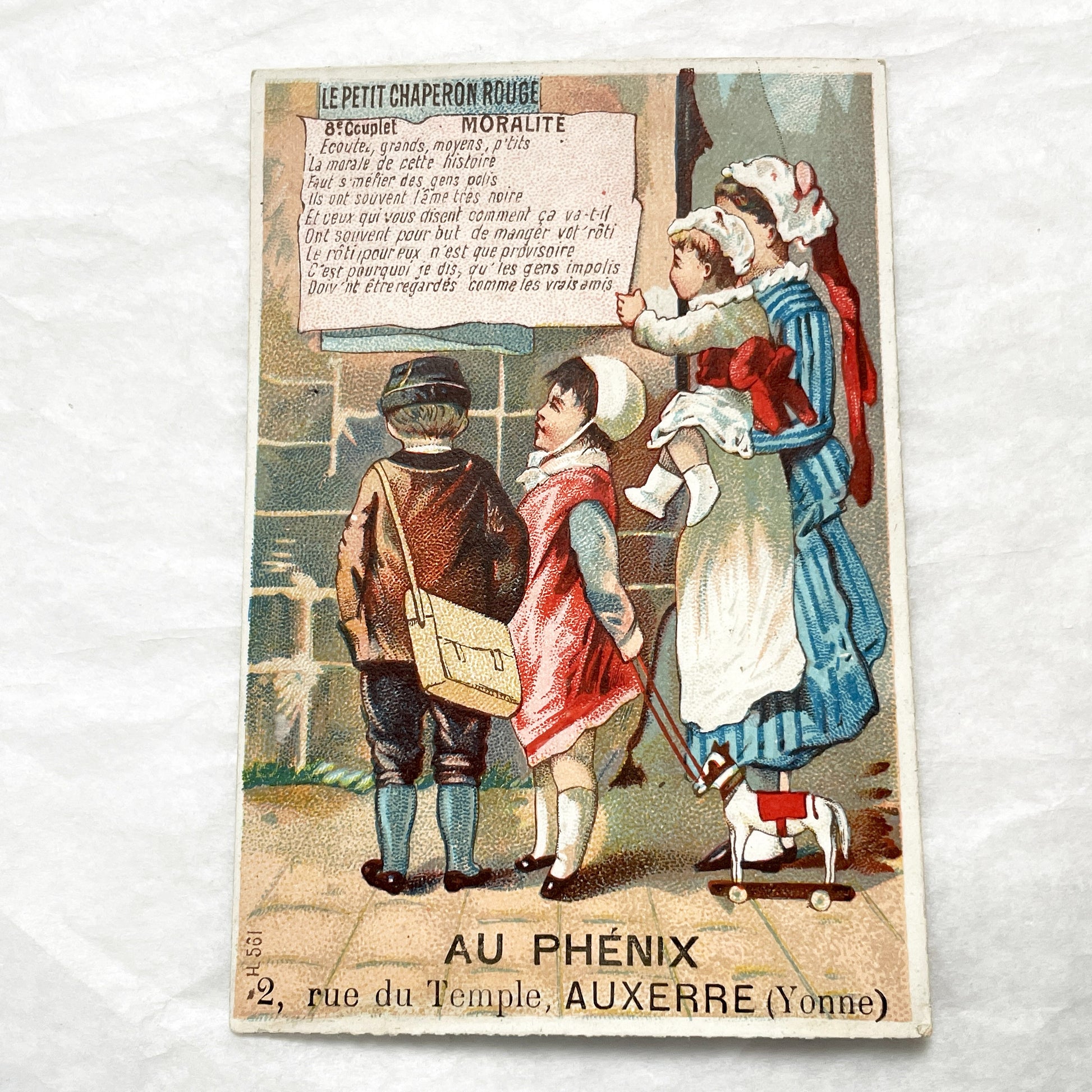 Late 19th - Antique French Trade Card - Little Red Riding Hood Morality - Footwear & Ready-to-Wear Advertisements - Vintage Ephemera