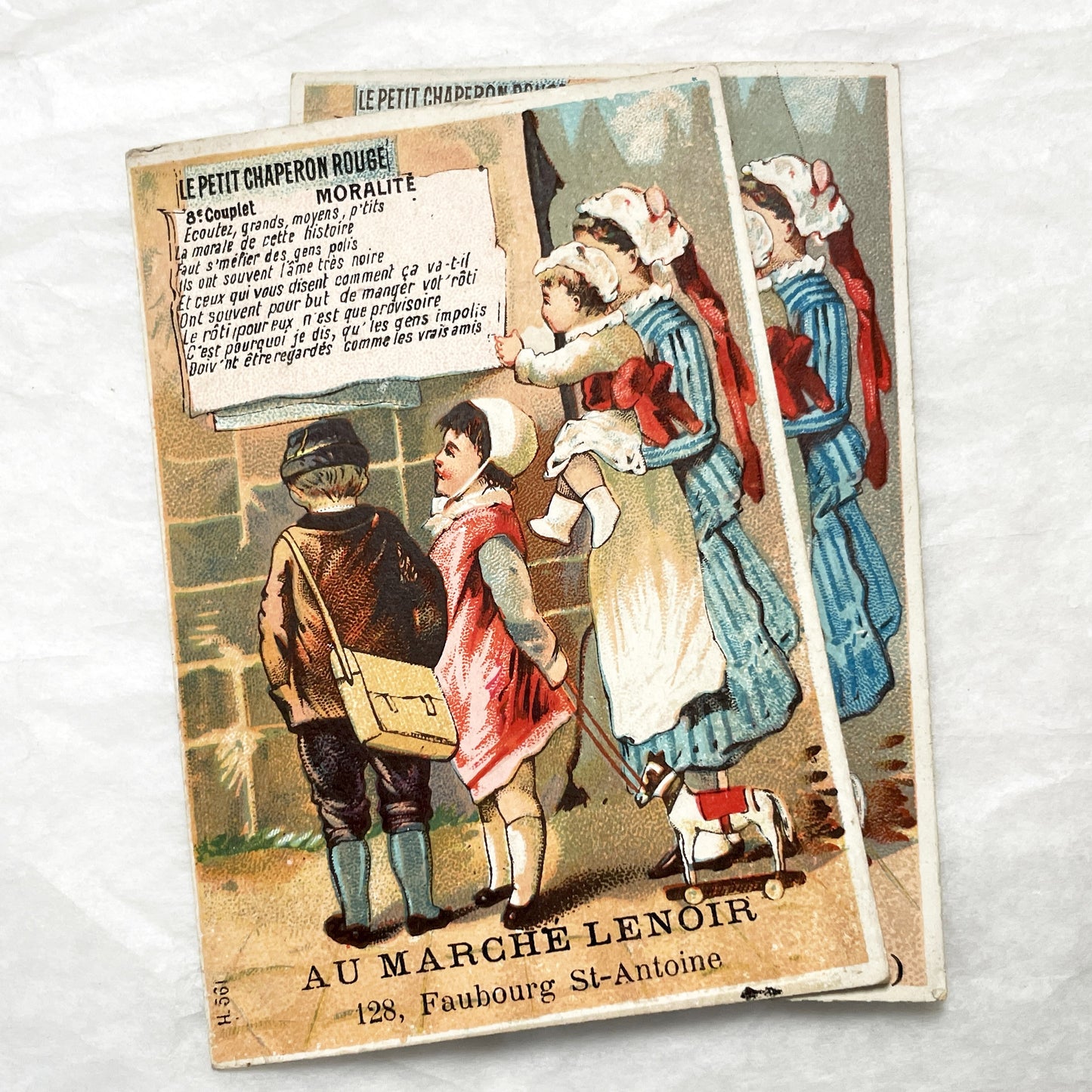 Late 19th - Antique French Trade Card - Little Red Riding Hood Morality - Footwear & Ready-to-Wear Advertisements - Vintage Ephemera