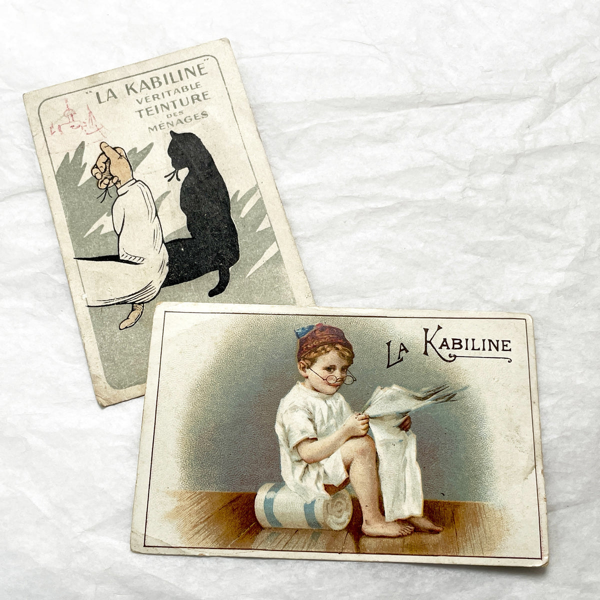 1900s - 2 Vintage French Advertising Trade Cards - Kabiline Dye Products - Charming Illustrations for Collectors and Crafters