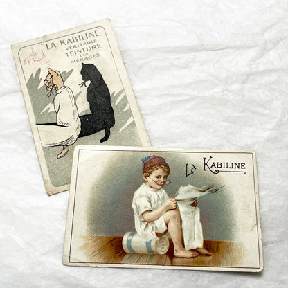 1900s - 2 Vintage French Advertising Trade Cards - Kabiline Dye Products - Charming Illustrations for Collectors and Crafters