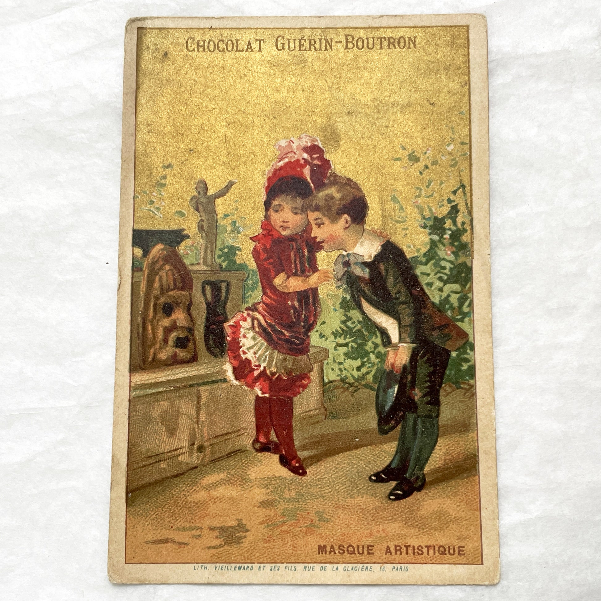Late 19th - Chocolate Advertising Card - French Trade Card with Artistic Mask Theme - Vintage Chromo Ephemera - Collectible Art