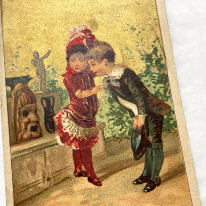 Late 19th - Chocolate Advertising Card - French Trade Card with Artistic Mask Theme - Vintage Chromo Ephemera - Collectible Art