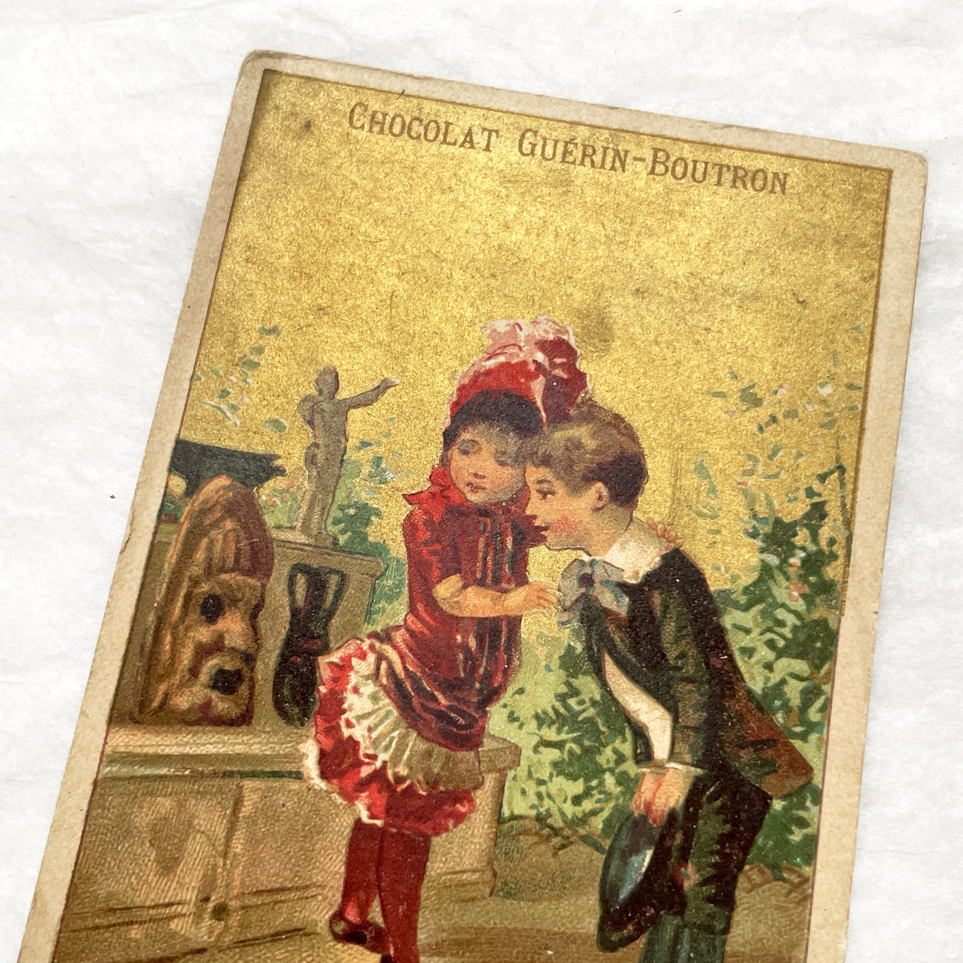 Late 19th - Chocolate Advertising Card - French Trade Card with Artistic Mask Theme - Vintage Chromo Ephemera - Collectible Art