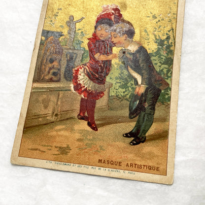 Late 19th - Chocolate Advertising Card - French Trade Card with Artistic Mask Theme - Vintage Chromo Ephemera - Collectible Art