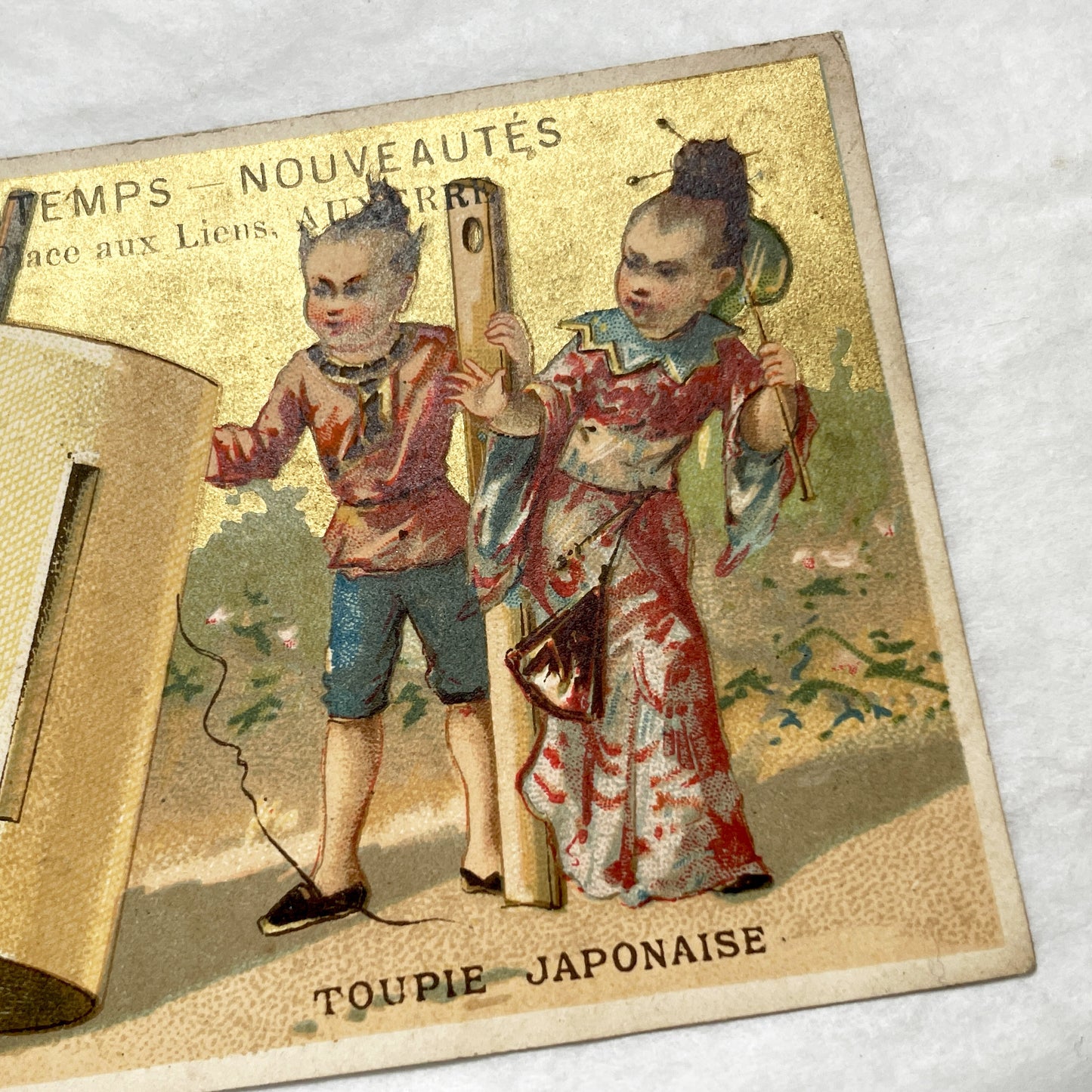 Late 19th - Au Printemps Auxerre Department Store Ad Card - Japanese Top Children - French Ephemera - Chromolithograph Gold Gilt