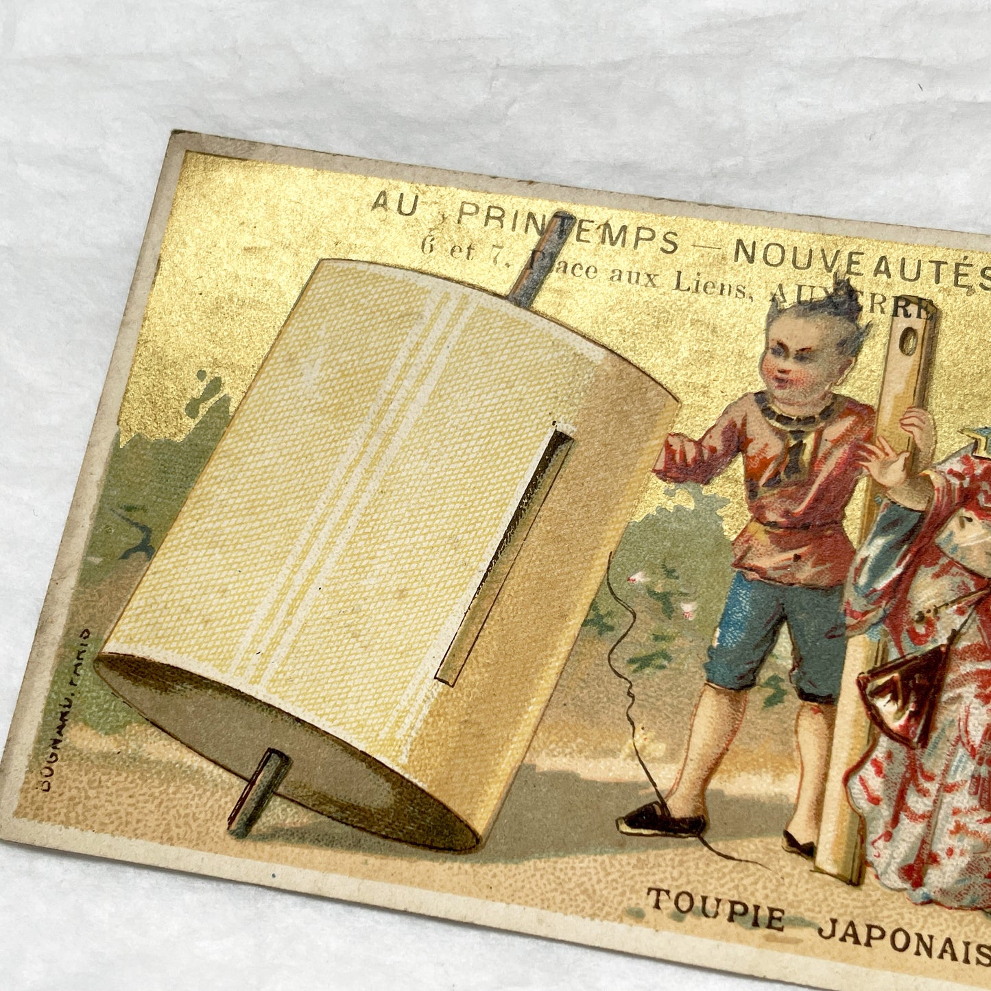 Late 19th - Au Printemps Auxerre Department Store Ad Card - Japanese Top Children - French Ephemera - Chromolithograph Gold Gilt