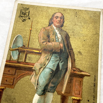 1900s - Benjamin Franklin Chromo Card - French Educational Collectible - Vintage Historical Portrait - Antique Illustration Ephemera