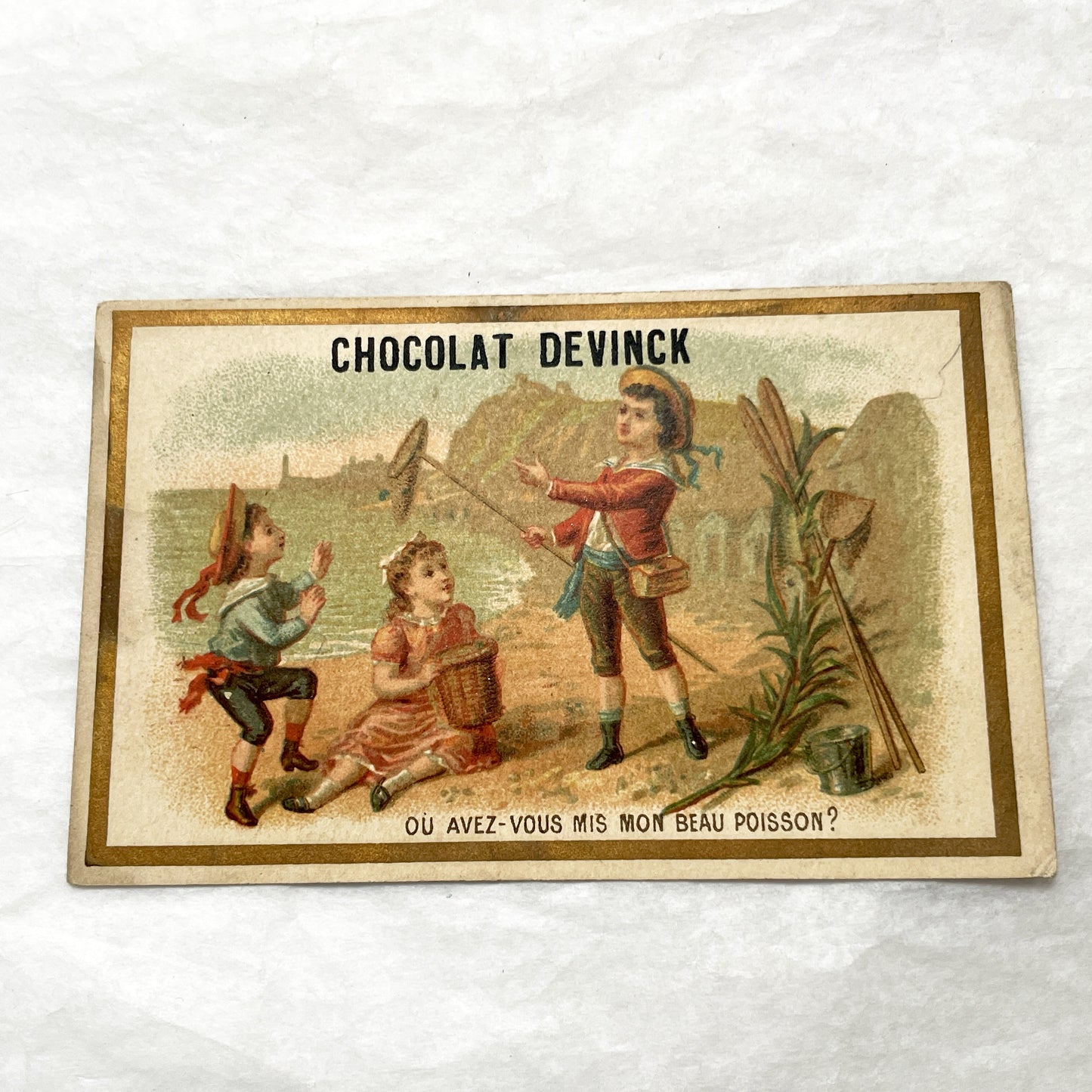 Late 19th - Chocolat Advertising Trade Card - Charming Children Fishing Scene - French Ephemera - Collectible - Paris Chocolate