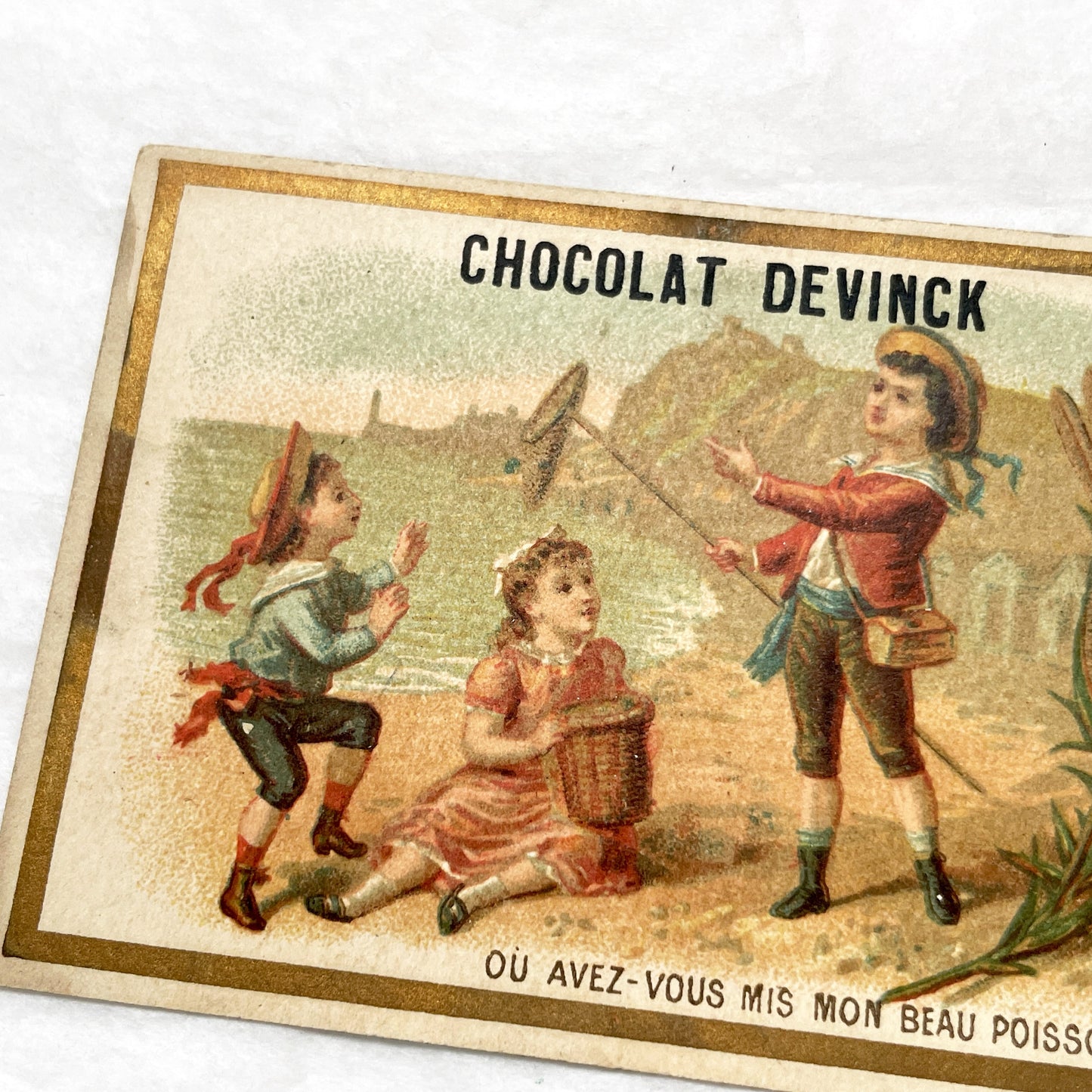 Late 19th - Chocolat Advertising Trade Card - Charming Children Fishing Scene - French Ephemera - Collectible - Paris Chocolate