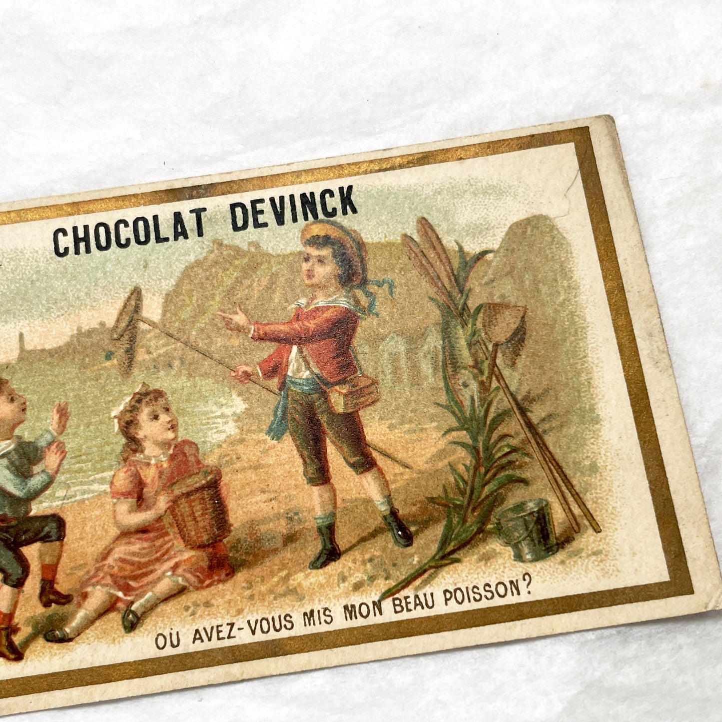 Late 19th - Chocolat Advertising Trade Card - Charming Children Fishing Scene - French Ephemera - Collectible - Paris Chocolate