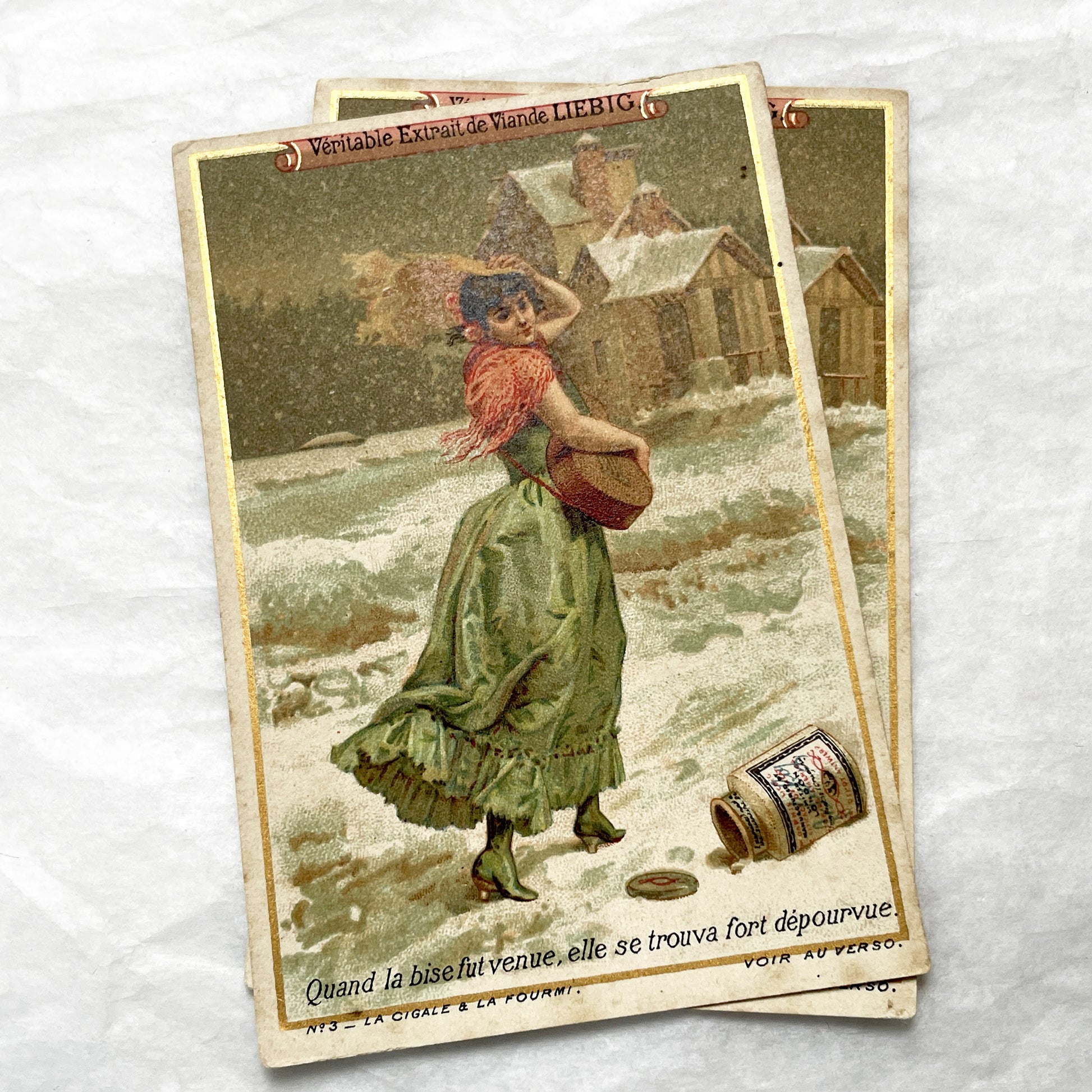 Late 19th - Liebig Meat Extract Chromo Card - La Cigale et La Fourmi Fable Advertising - Vintage Ephemera Collectible