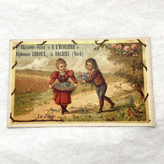 Late 19th - Vintage French Advertising Chromo Card for Alphonse Leroux Chicory - Children Gathering Flowers - Historic French Ad