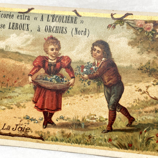 Late 19th - Vintage French Advertising Chromo Card for Alphonse Leroux Chicory - Children Gathering Flowers - Historic French Ad