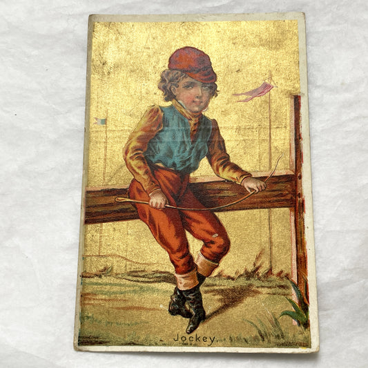 Late 19th - Vintage Chromo Trade Card - Young Jockey Boy Illustration - Gilded Background - A. David Auxerre Ad - French Ephemera Decor