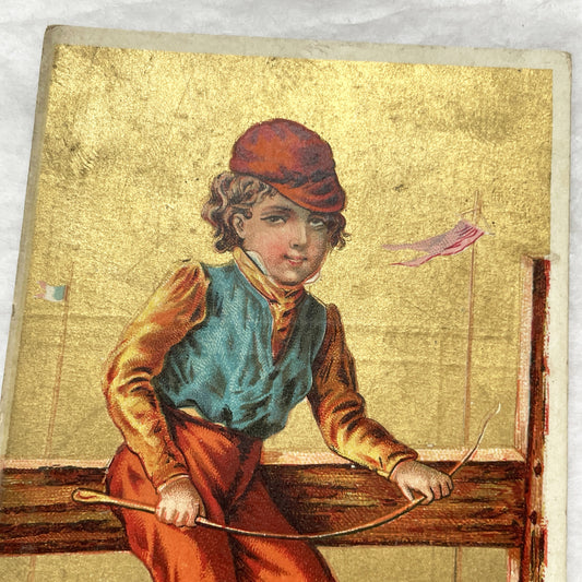 Late 19th - Vintage Chromo Trade Card - Young Jockey Boy Illustration - Gilded Background - A. David Auxerre Ad - French Ephemera Decor