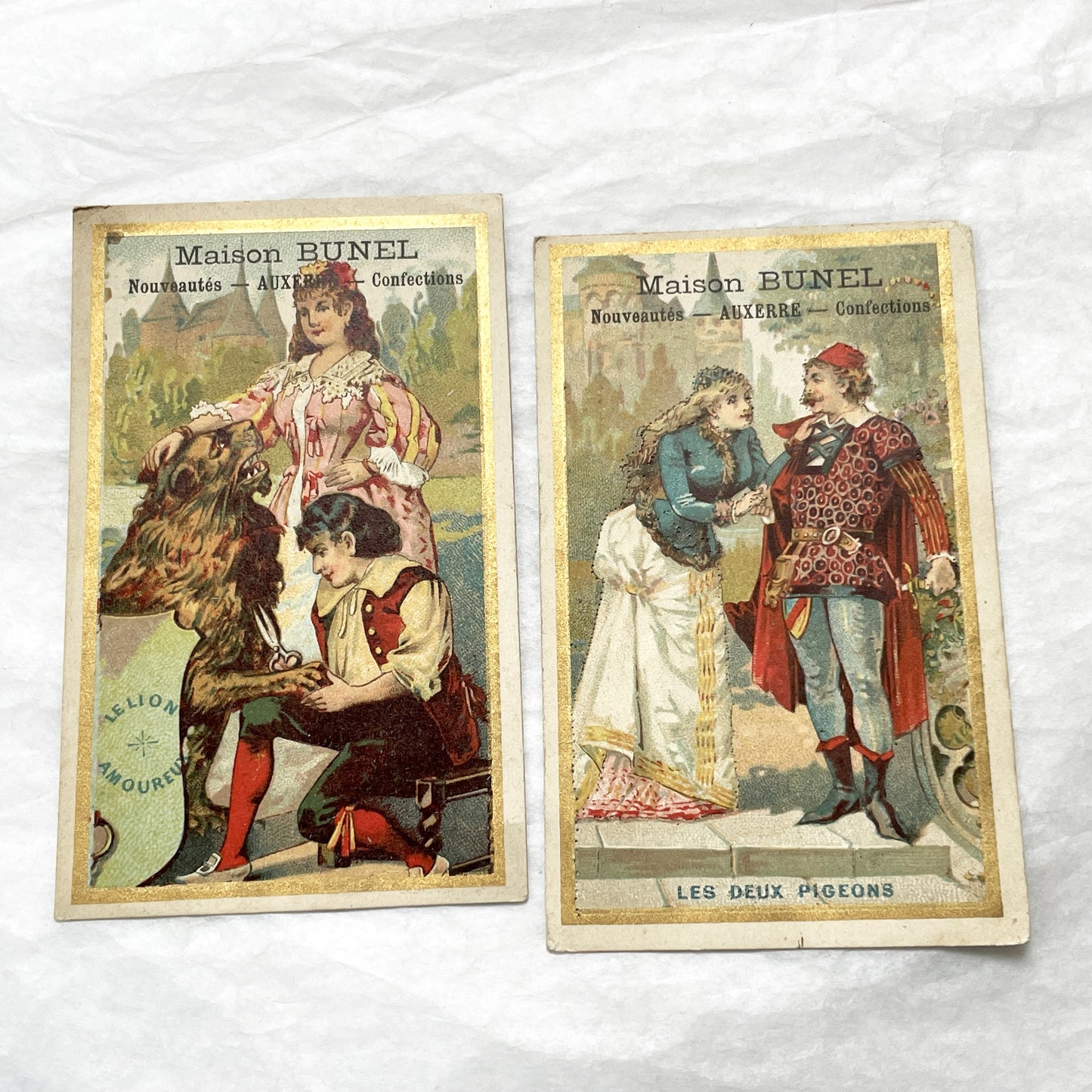 Late 19th - 2 French Advertising Chromo Cards - La Fontaine Fables - Vintage Collectible Trade Cards with Beautiful Illustrations