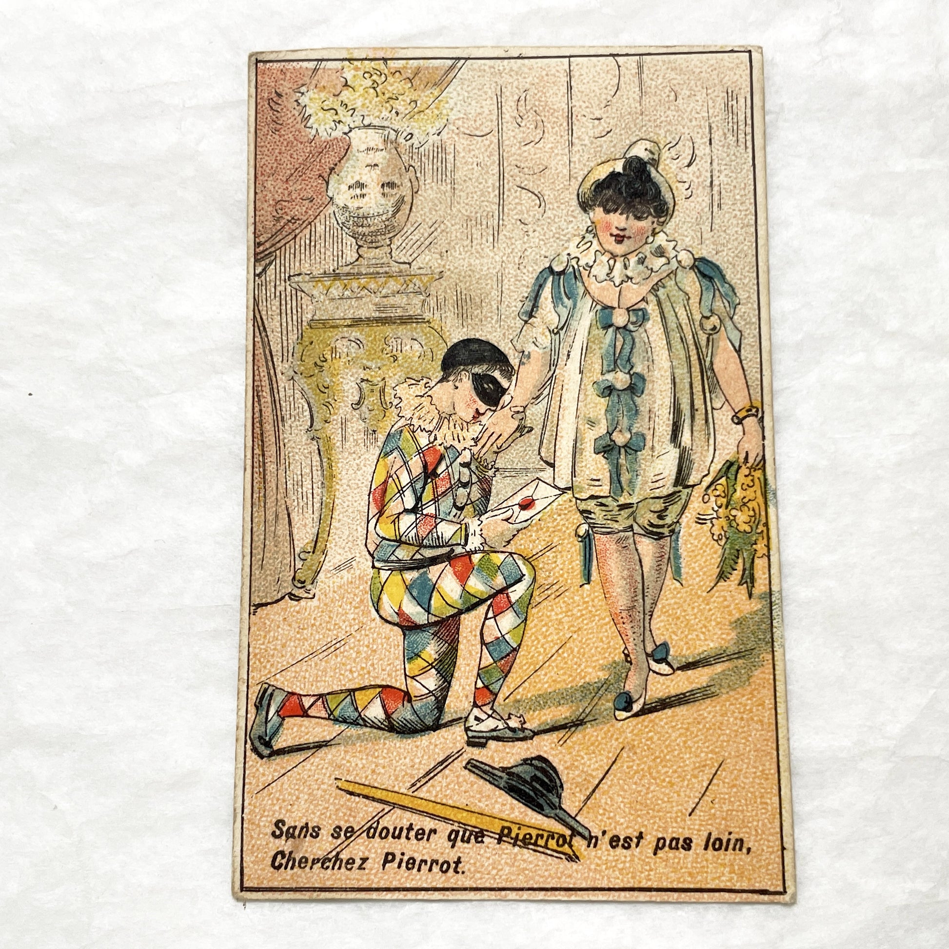 1900s - Vintage French Advertising Card - Commedia dell'arte Pierrot & Columbine Puzzle - Thé Royal Tea Promotion - Collectible Ephemera