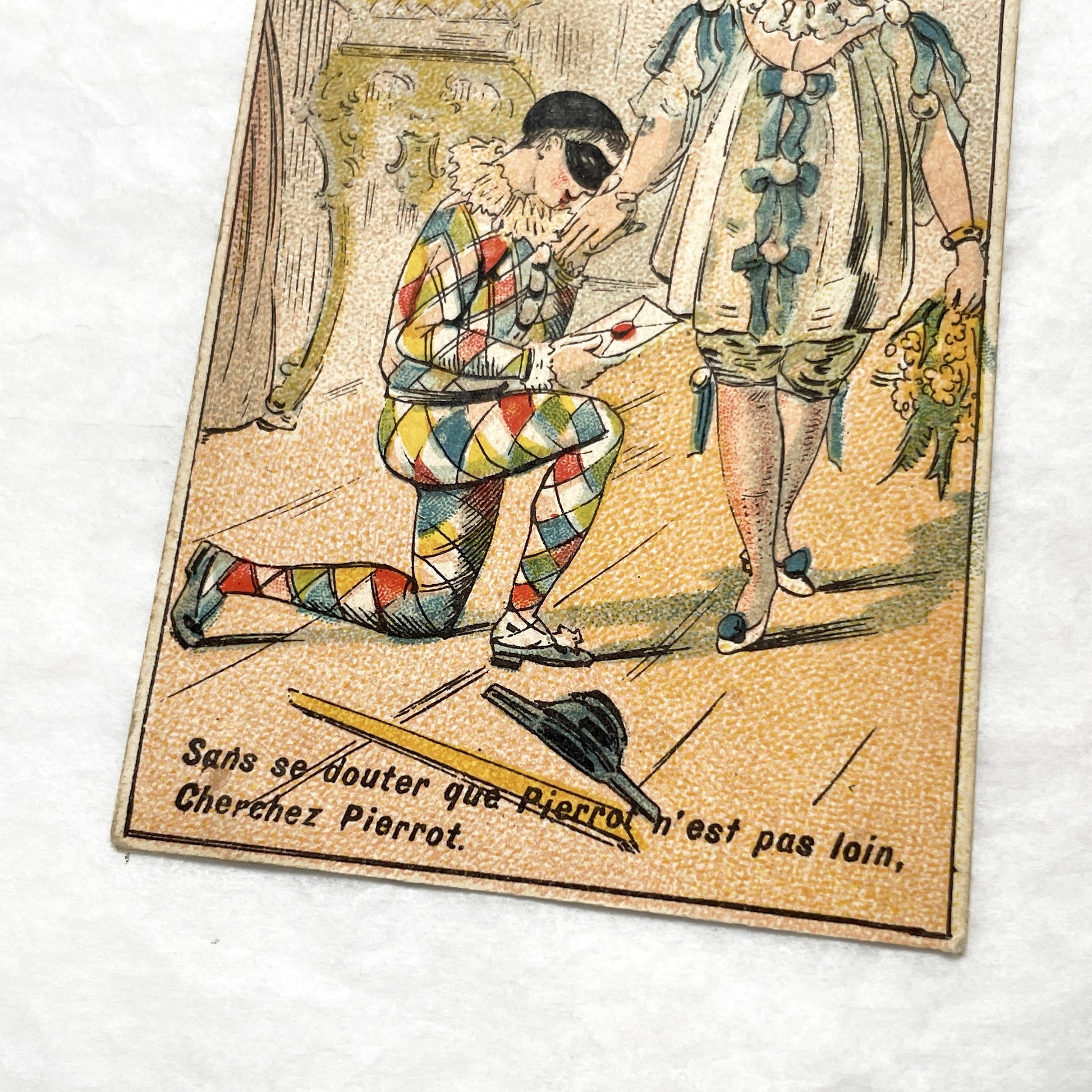 1900s - Vintage French Advertising Card - Commedia dell'arte Pierrot & Columbine Puzzle - Thé Royal Tea Promotion - Collectible Ephemera