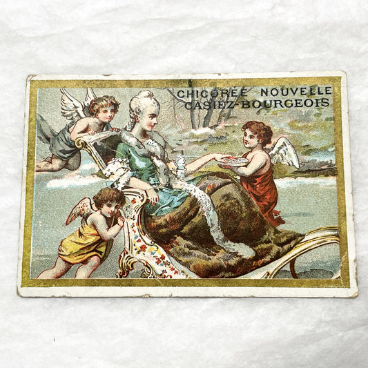 Late 19th - Vintage French Advertising Chromo Card for Casiez-Bourgeois Chicory - Rococo Style Artwork with Angels and Elegant Woman