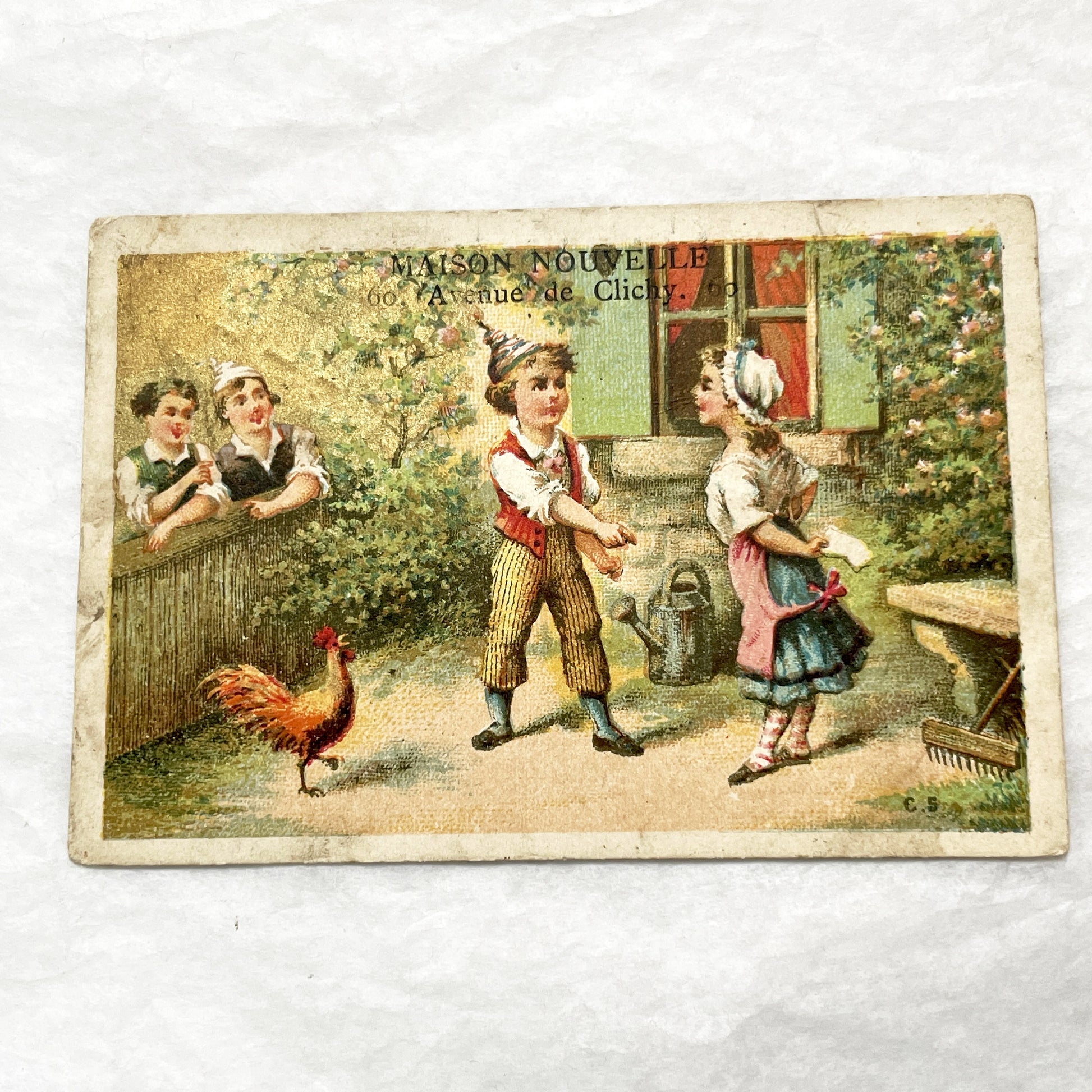 Late 19th - French Chromo Advertising Card - Maison Nouvelle Shoes - Garden Scene Children - Vintage Paris Footwear Ad - H. Dessain Liège