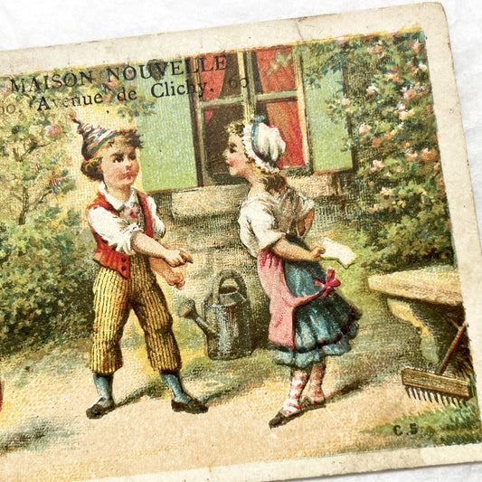Late 19th - French Chromo Advertising Card - Maison Nouvelle Shoes - Garden Scene Children - Vintage Paris Footwear Ad - H. Dessain Liège