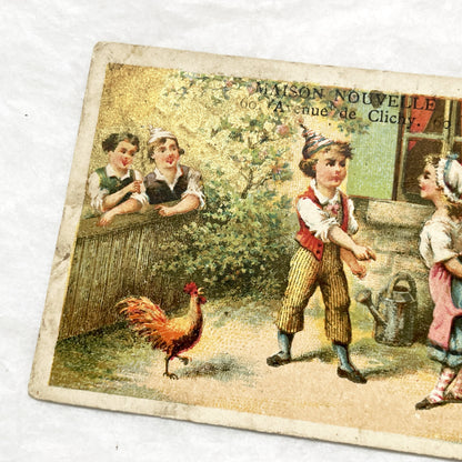 Late 19th - French Chromo Advertising Card - Maison Nouvelle Shoes - Garden Scene Children - Vintage Paris Footwear Ad - H. Dessain Liège