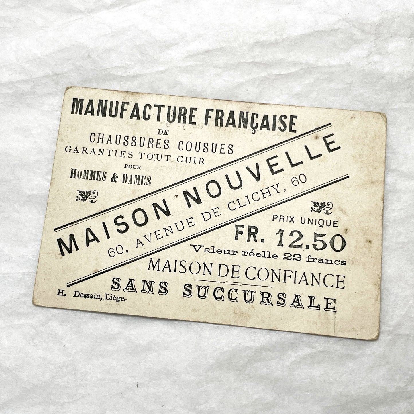 Late 19th - French Chromo Advertising Card - Maison Nouvelle Shoes - Garden Scene Children - Vintage Paris Footwear Ad - H. Dessain Liège