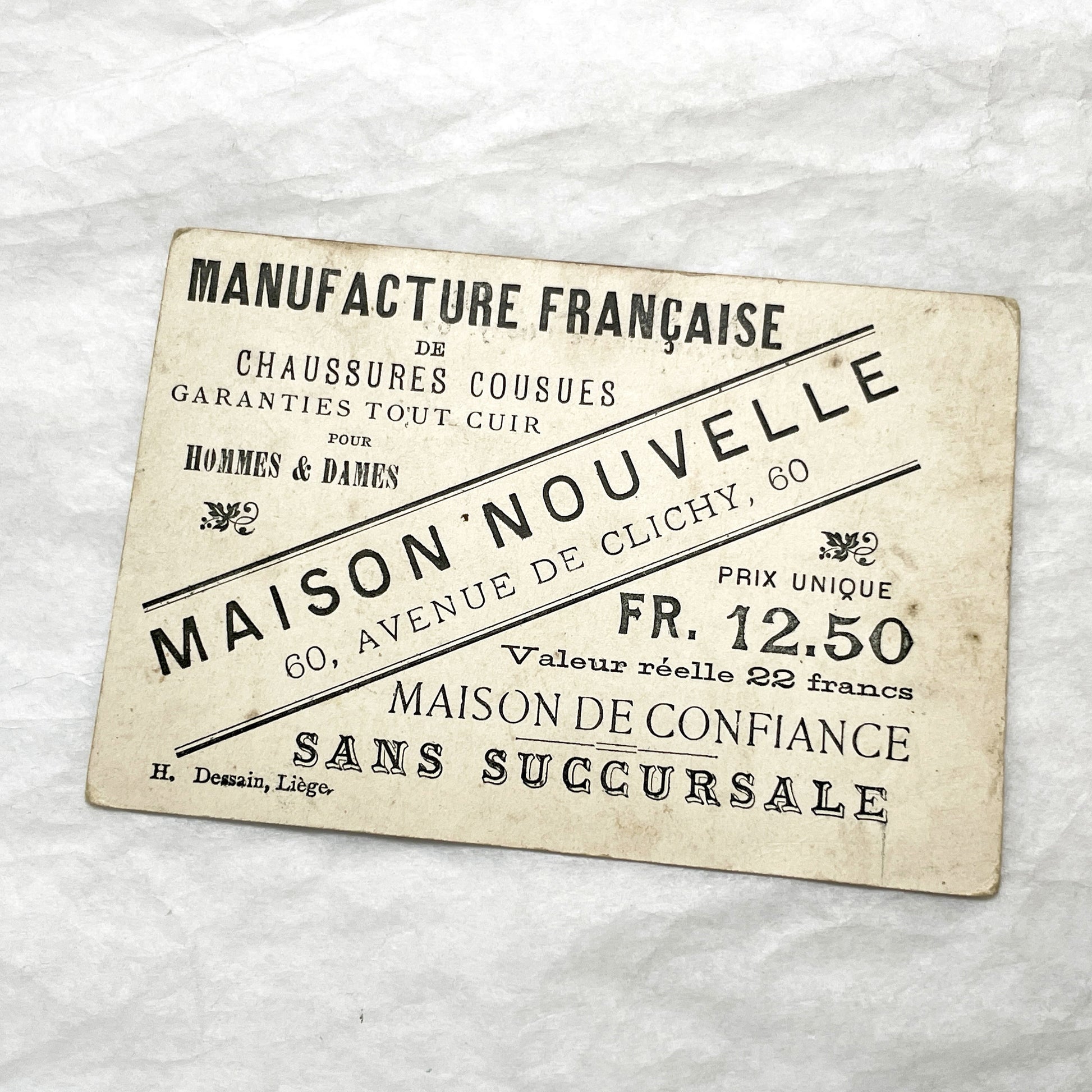 Late 19th - French Chromo Advertising Card - Maison Nouvelle Shoes - Garden Scene Children - Vintage Paris Footwear Ad - H. Dessain Liège