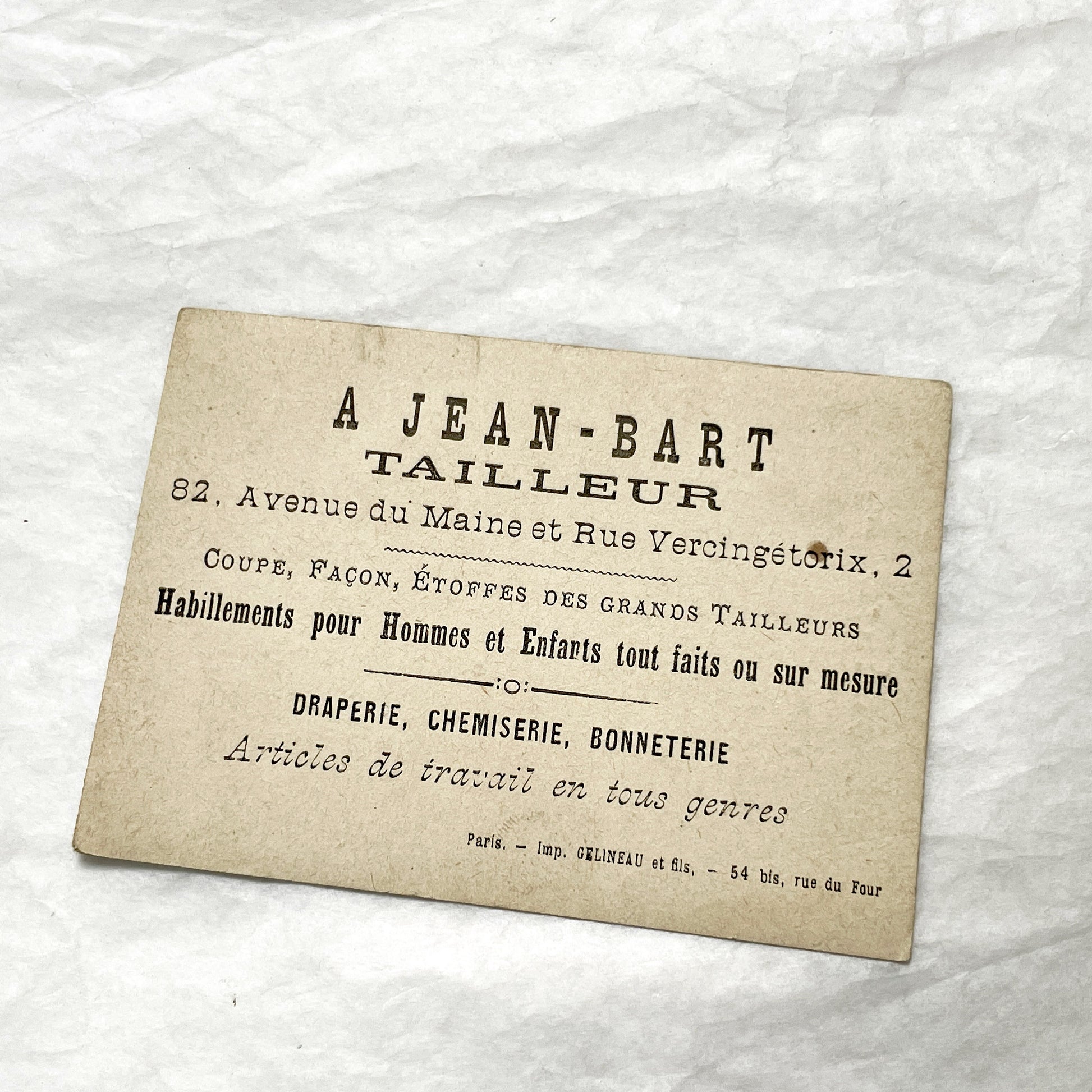 Late 19th - Jean-Bart Tailor Advertising Card - Parisian Clothing Business Ephemera with Charming Illustration - Vintage French Lithograph