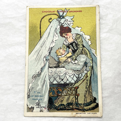 1900s - Vintage French Advertising Chromo Card - Charming Mother and Baby Cradle Scene Illustration - Historic Collectible Ephemera Piece
