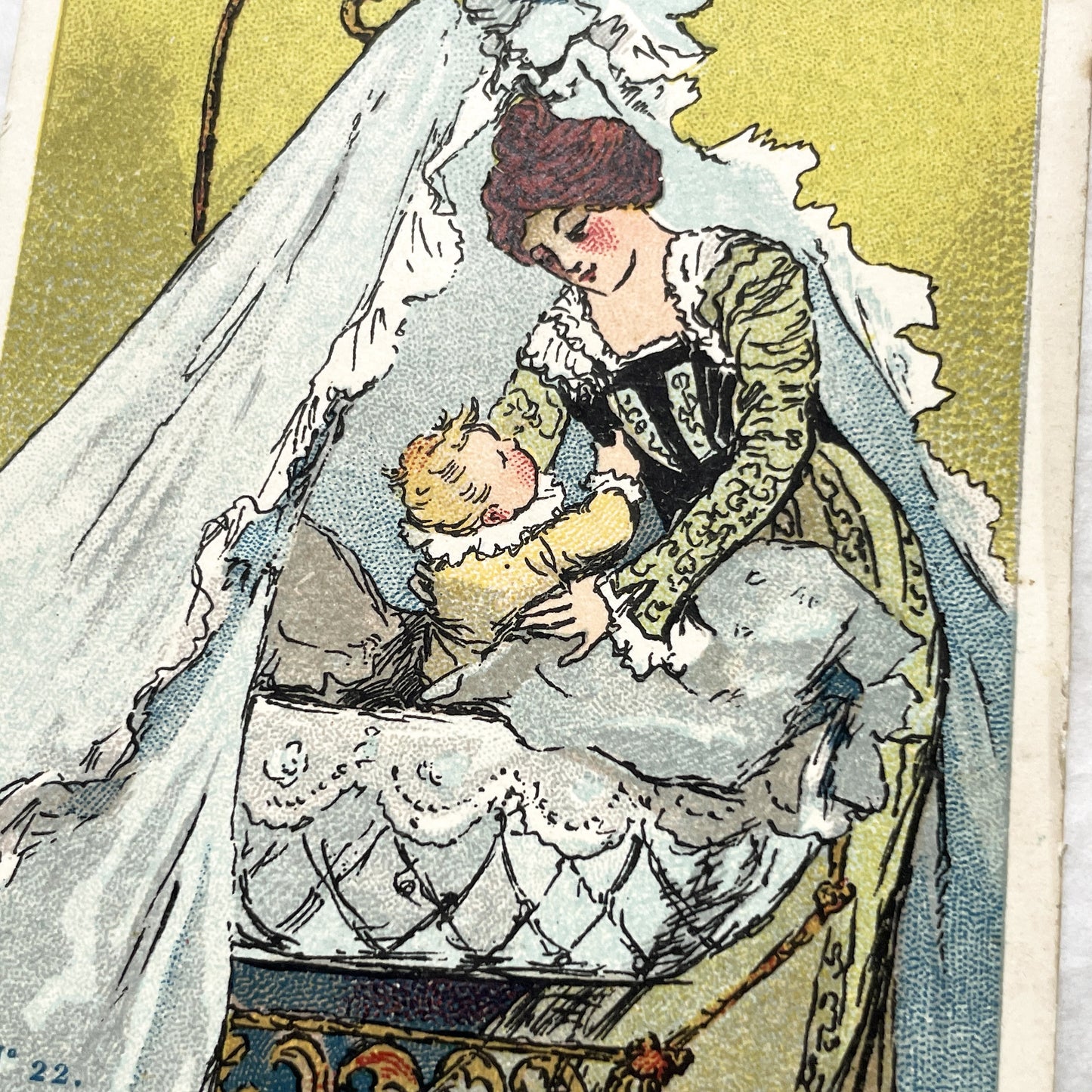 1900s - Vintage French Advertising Chromo Card - Charming Mother and Baby Cradle Scene Illustration - Historic Collectible Ephemera Piece