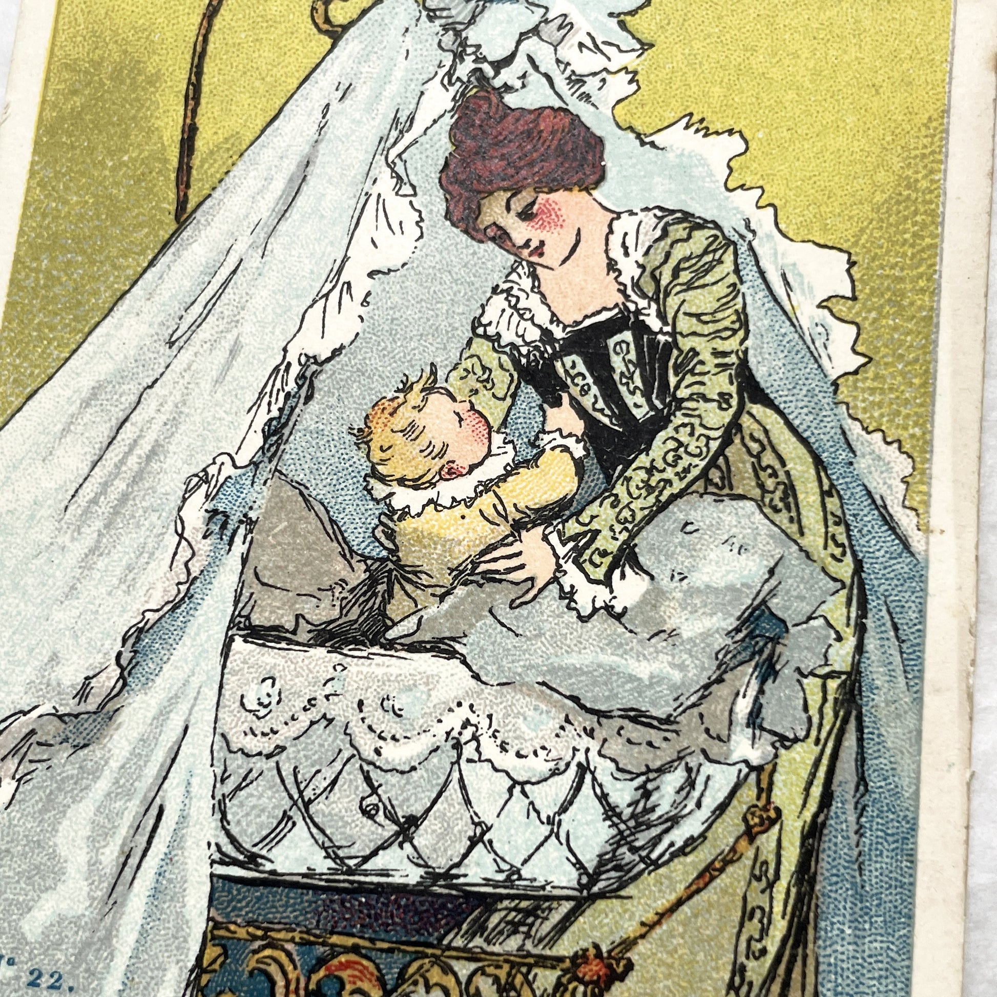 1900s - Vintage French Advertising Chromo Card - Charming Mother and Baby Cradle Scene Illustration - Historic Collectible Ephemera Piece