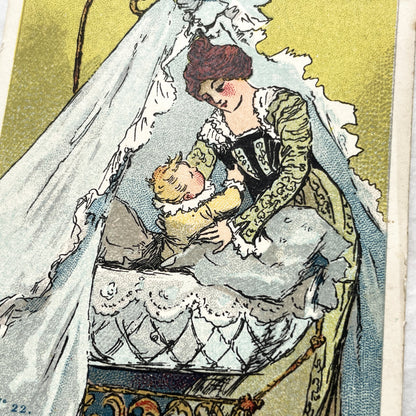 1900s - Vintage French Advertising Chromo Card - Charming Mother and Baby Cradle Scene Illustration - Historic Collectible Ephemera Piece